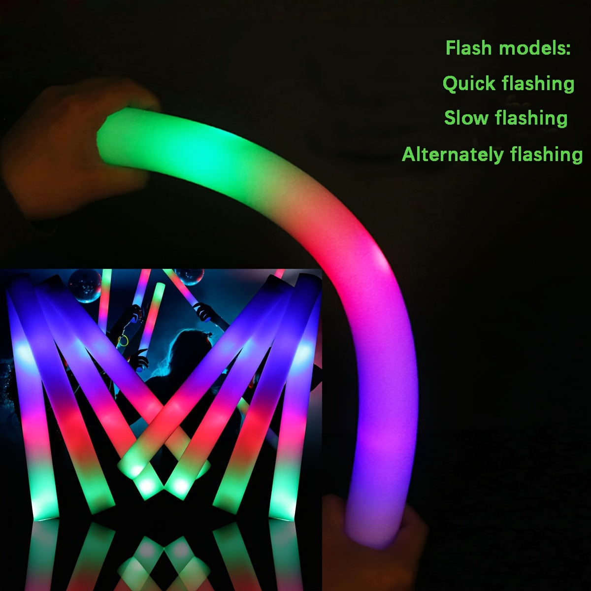 Bulk LED Foam Glow Sticks with Three Listed Flicker Modes, 30 or 50 Piece Party Favor Packs for Weddings, Birthdays, Concerts, Christmas and New Year Celebrations