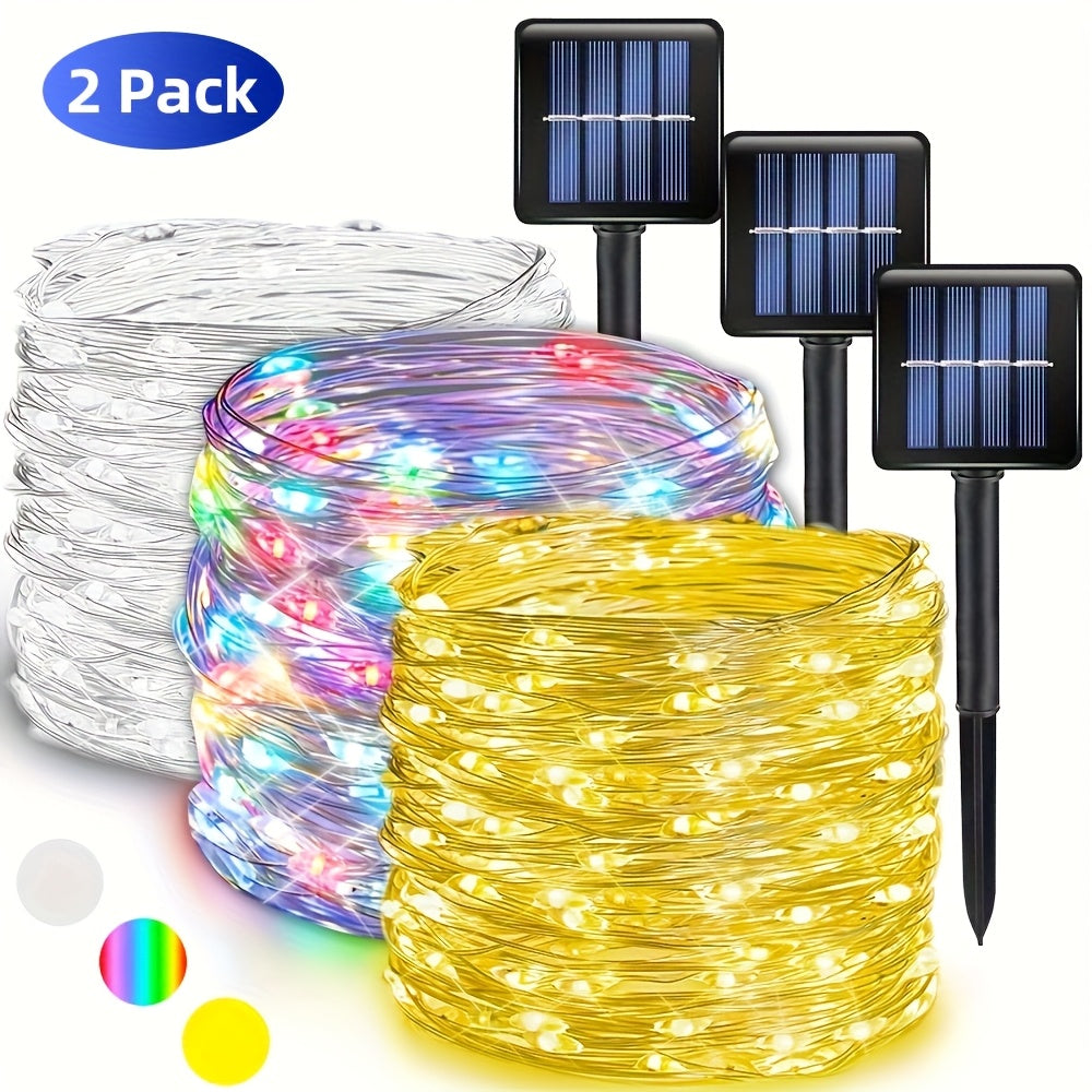 Two-Pack Solar Fairy Lights in Warm White, White or Multicolor, Eight-Mode Wording for Garden, Tree and Holiday Displays with 104Ft 300LED Size Label