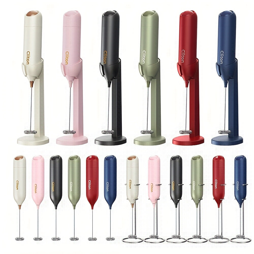 Handheld Milk Frother by CLITON, Battery-Powered 304 Stainless Steel Whisk for Coffee and Tea in Black, White or Green with Single or ABS Stand Options