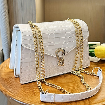 Reptile-Pattern Crossbody Bag for Women with Chain Strap Styling and Gold-Tone Hardware, White, Green or Rose Red Shoulder Purse for Casual and Evening Outfits