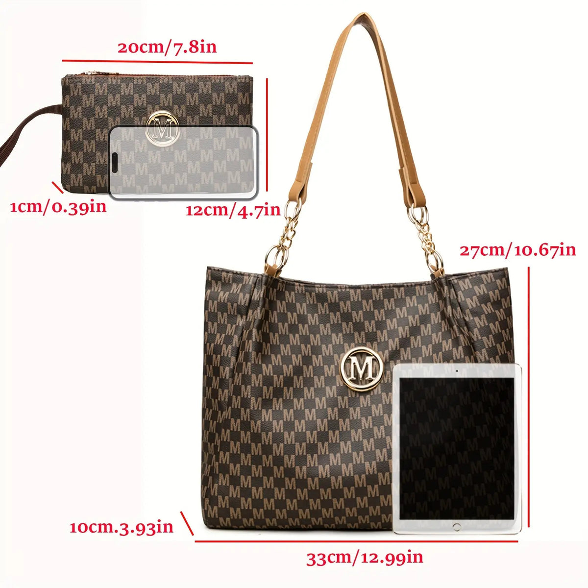 Lotus Print Shoulder Bag Set for Women with M Letter Pattern and M-Shaped Hardware, Listed Two-Piece Fashion Set with Fixed Shoulder Strap in Brown, Black or Beige