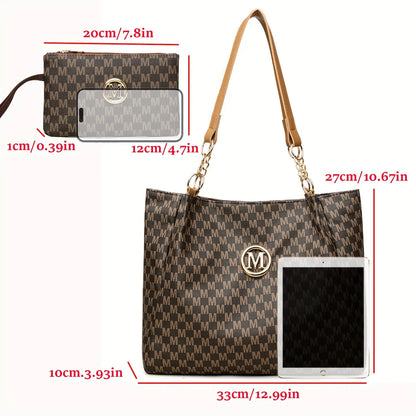 Lotus Print Shoulder Bag Set for Women with M Letter Pattern and M-Shaped Hardware, Listed Two-Piece Fashion Set with Fixed Shoulder Strap in Brown, Black or Beige