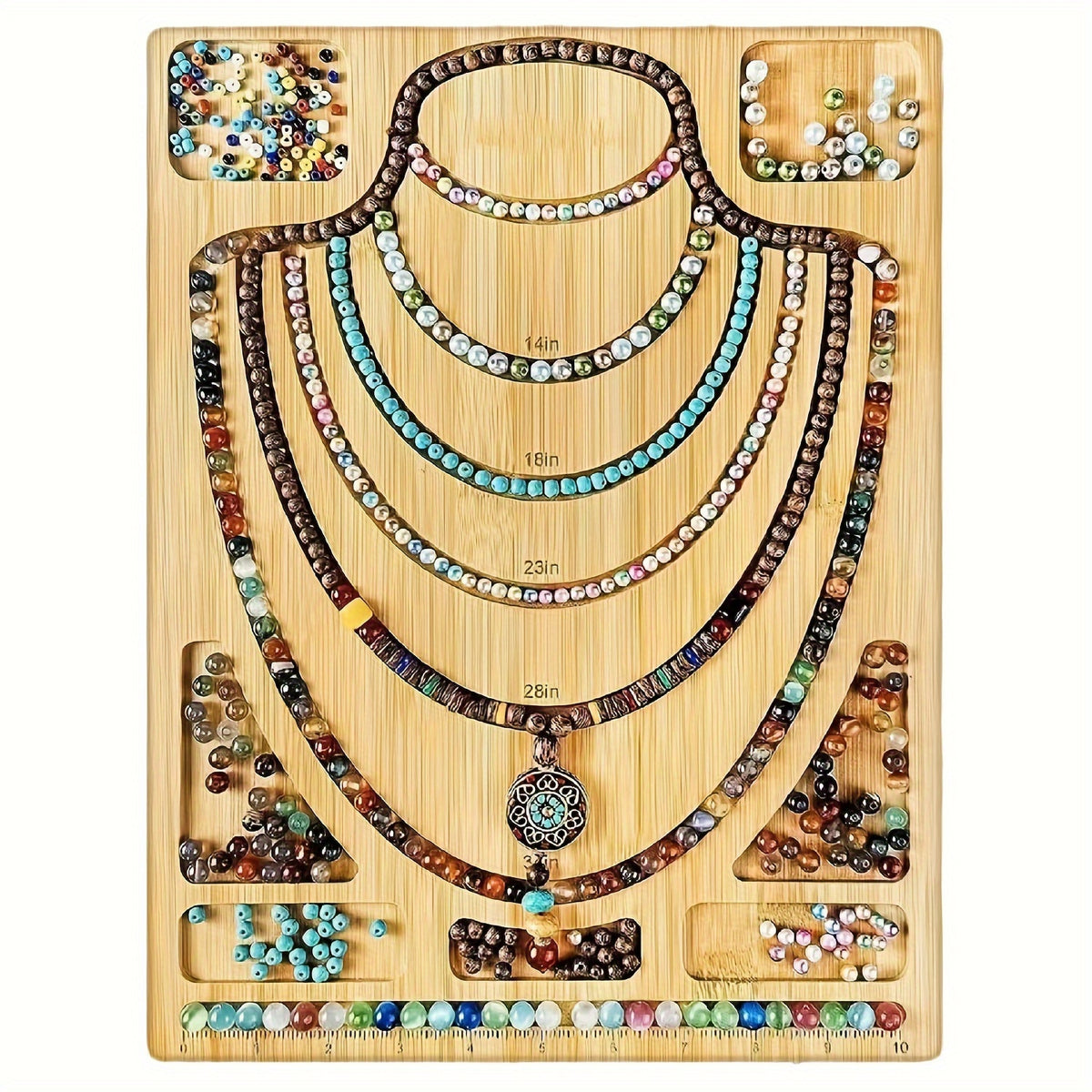 Bamboo Bead Design Board, Apricot Jewelry Layout Tray with Engraved Measurement Markings and Storage Grooves for Planning Bracelets and Necklaces