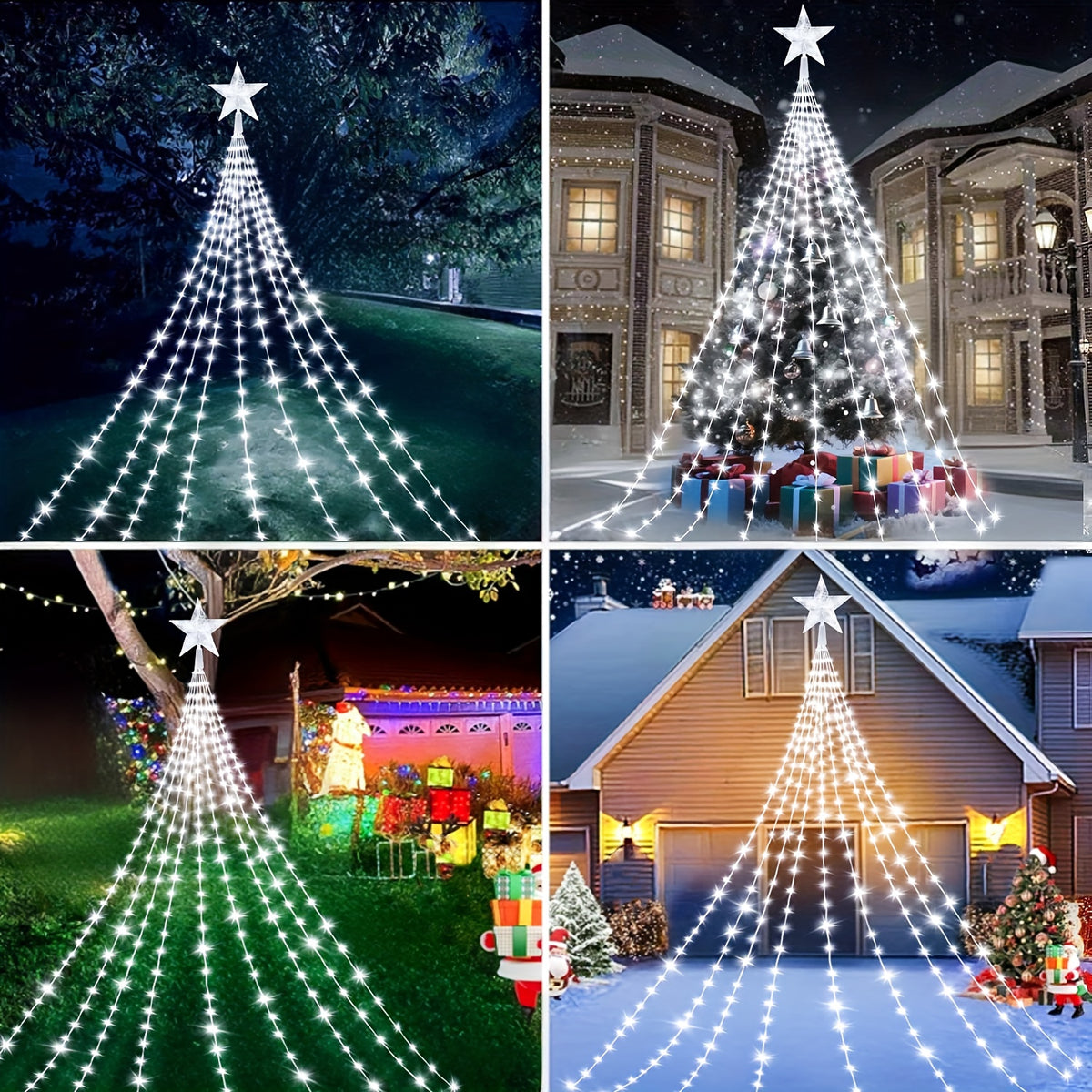 Solar Star Waterfall String Lights with White Color Label, 280LED-3M Model and Eight Listed Modes for Christmas, Garden Wedding and Seasonal Decorative Displays