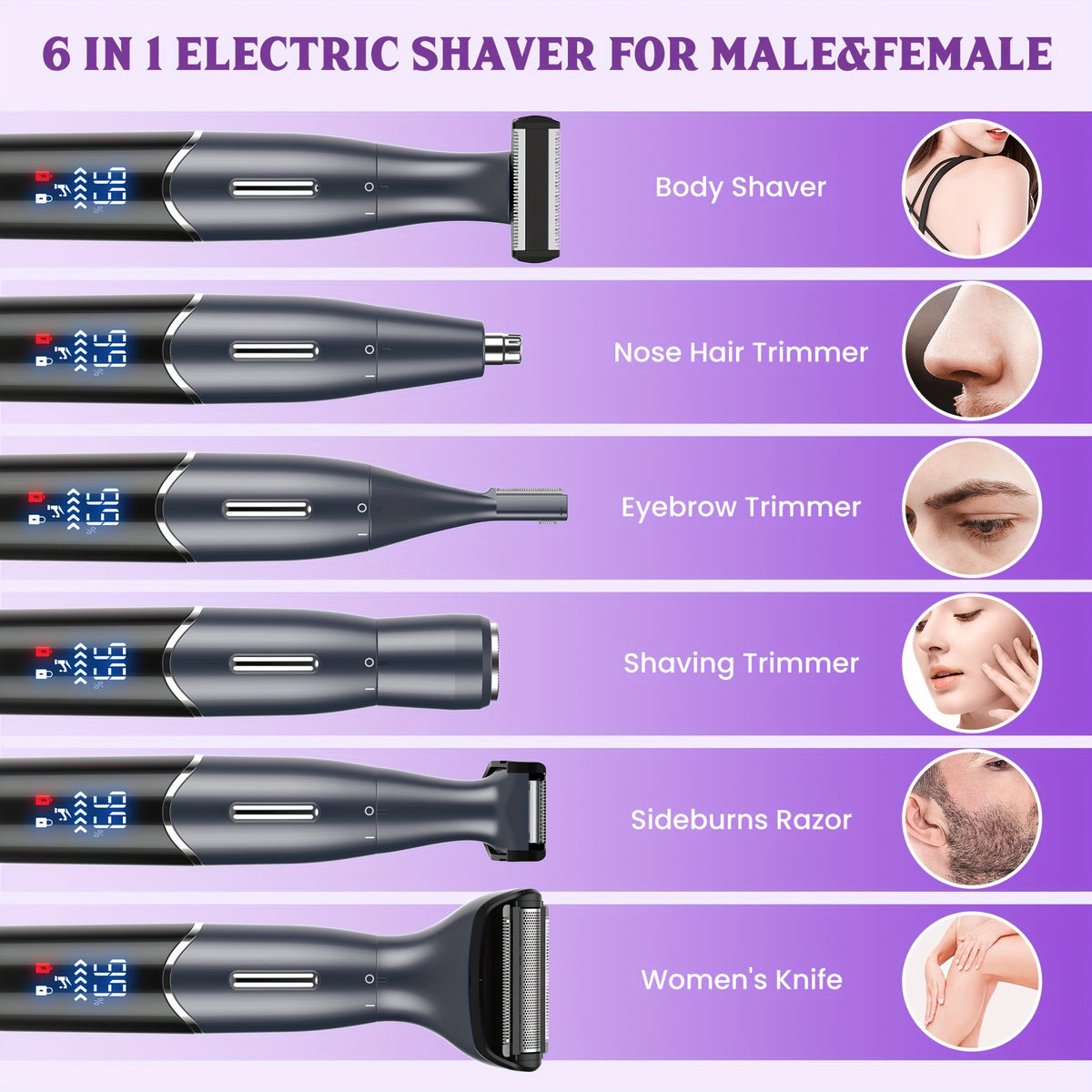 Bikini Trimmer for Women, 4-in-1 Painless Electric Shaver for Face, Eyebrows, Ear and Nose, Cordless Body Shaver with Replaceable Heads for Bikini Line, Arms and Legs, Rechargeable 500mAh, for Travel