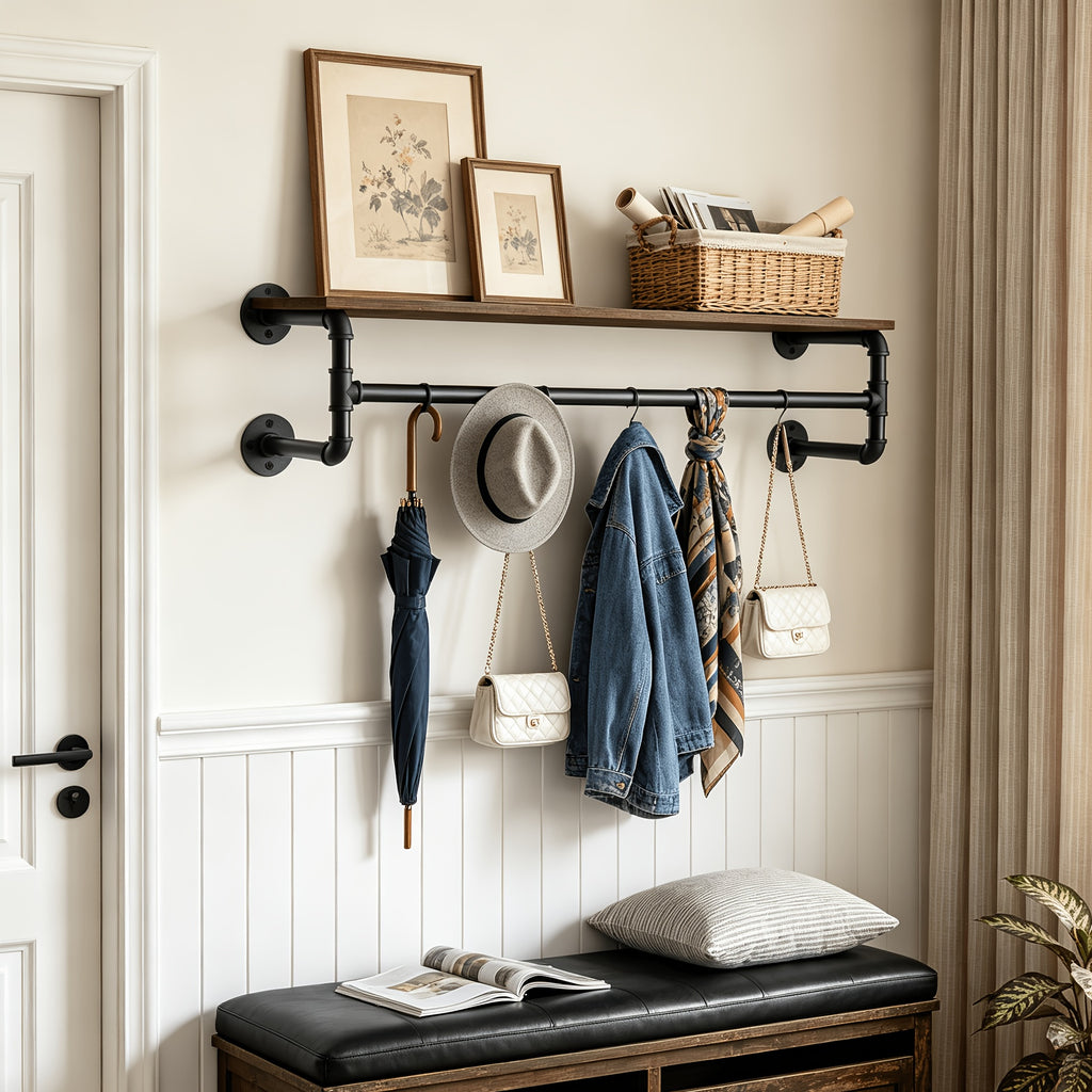 Industrial Pipe Clothes Rack by AESOME, 39.3-Inch Wall-Mounted Hanging Rod with Wood Top Shelf and Three Hooks in Black and Dark Brown for Closet Storage