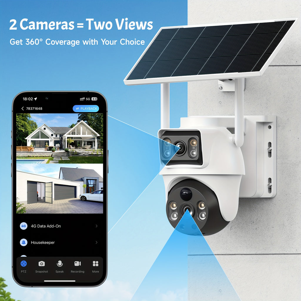 Solar WiFi Security Camera with Dual Lenses, Listed 4K and 360-Degree PTZ, 2.4GHz Outdoor Monitor with PIR Alerts, Color Night Vision and Two-Way Audio
