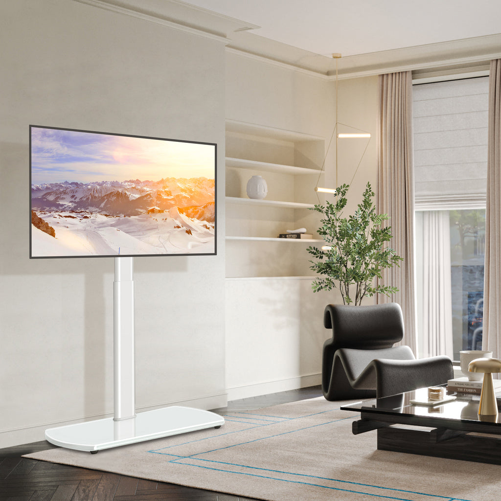 Swivel TV Floor Stand with Adjustable Height and Tempered Glass Base, Cable Management and Black or White Options for Compatible 32–65 Inch Television Setups