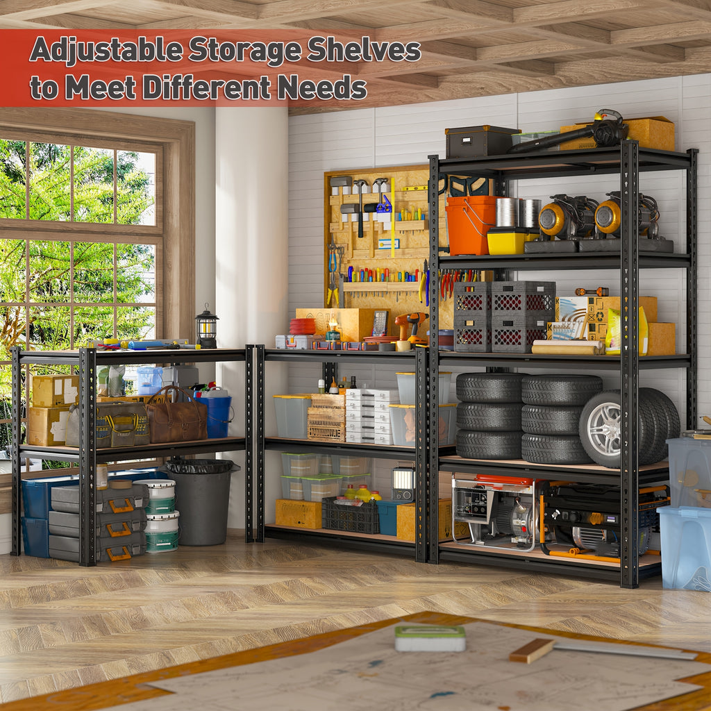 Five-Tier Garage Storage Shelving with Adjustable Shelf Heights, Listed 72-Inch Metal-Frame Rack in Black or Galvanized Options for Pantry and Basement Organization
