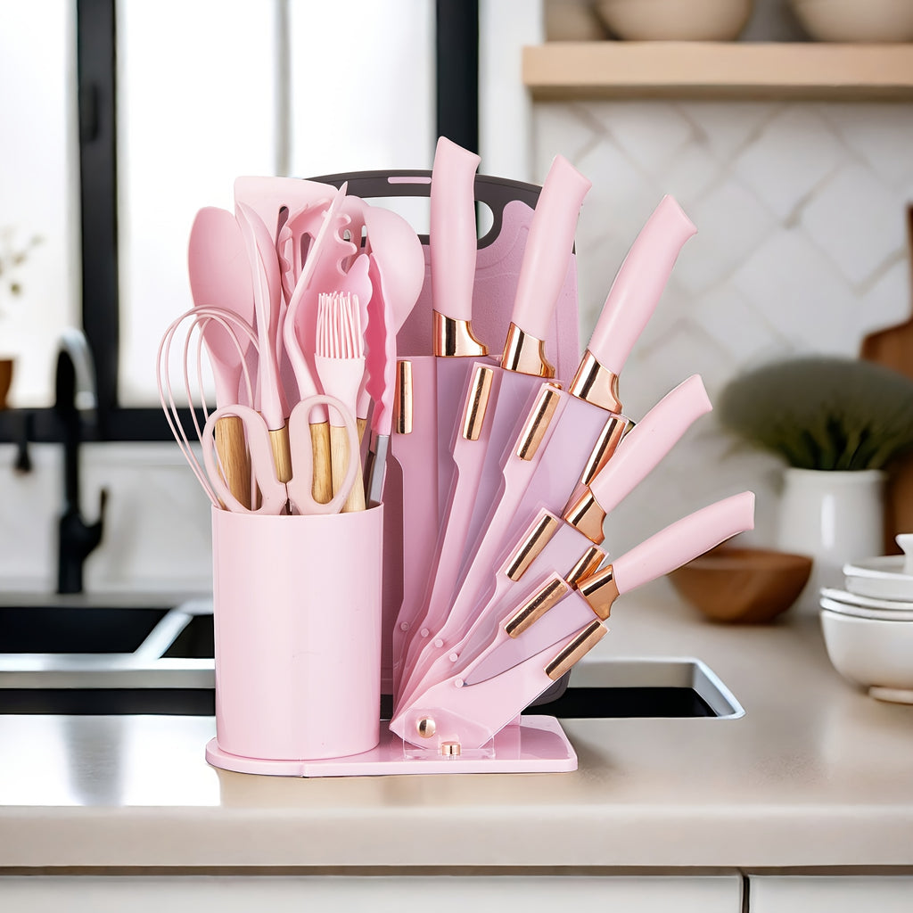 Cooking Utensil and Knife Set for Home Kitchen Preparation, Multiple Color Choices with Selected Pink or Black Square-Barrel and Gift Box Options