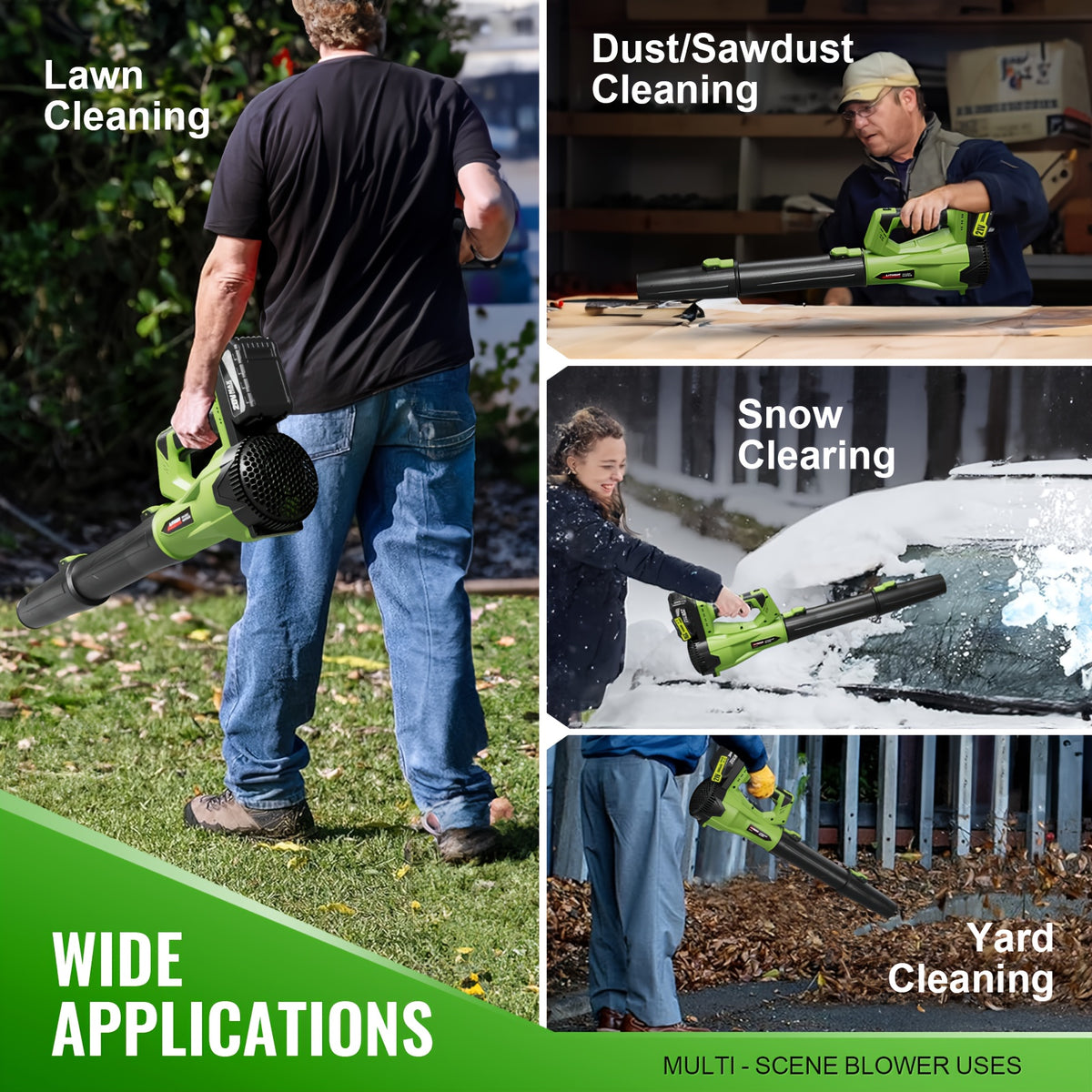 Extension Nozzle Leaf Blower with Non-Slip Handle, Green 4000mAh or Yellow 2000mAh One- and Two-Battery Options for Outdoor Leaf Cleanup and Yard Maintenance