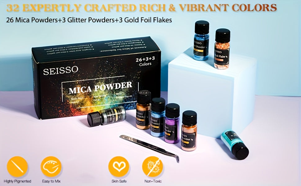 Mica Pigment and Glitter Craft Set with Listed 26 Mica Shades, Three Foil Flake Colors and Three Glitter Powders for Compatible Epoxy Resin Decorative Projects