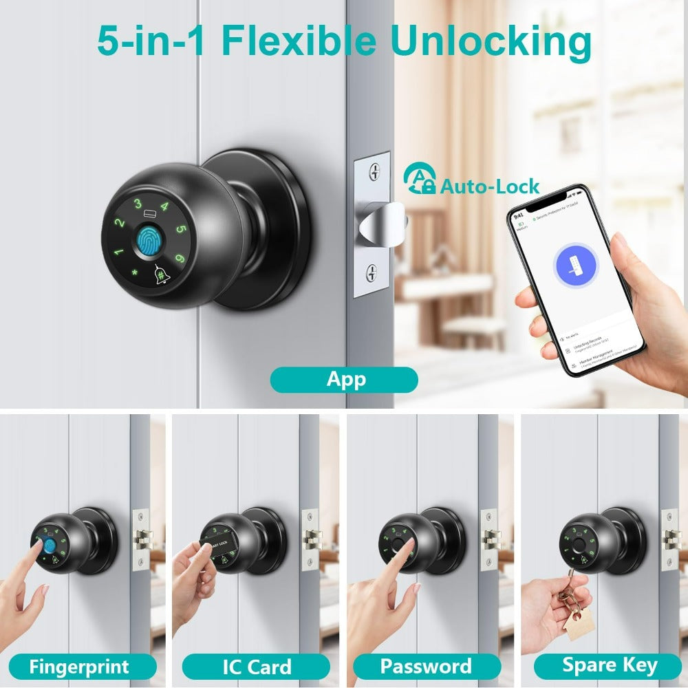 Five-Method Fingerprint Door Knob with App, IC Card, Password and Backup Key Access, Silent and Passage Modes, Anti-Peep Keypad and Type-C Emergency Power