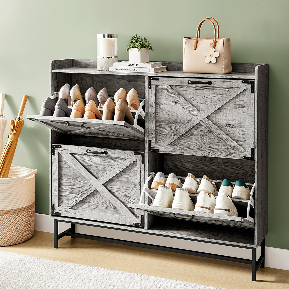 Shoe Storage Cabinet for Entryway and Hallway Organization, Black Upgrade or White Two, Three and Four-Door Options with Listed Flip-Drawer Storage Features