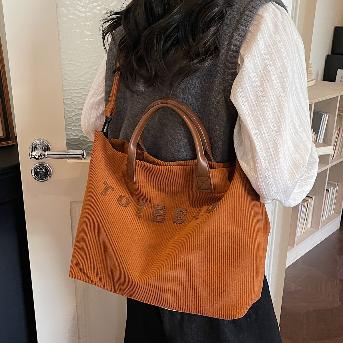 Corduroy Crossbody Tote Bag for Women with Adjustable Strap and Listed Hook-and-Loop Closure, Solid Color Shoulder Handbag for Commuting, Shopping and Casual Travel
