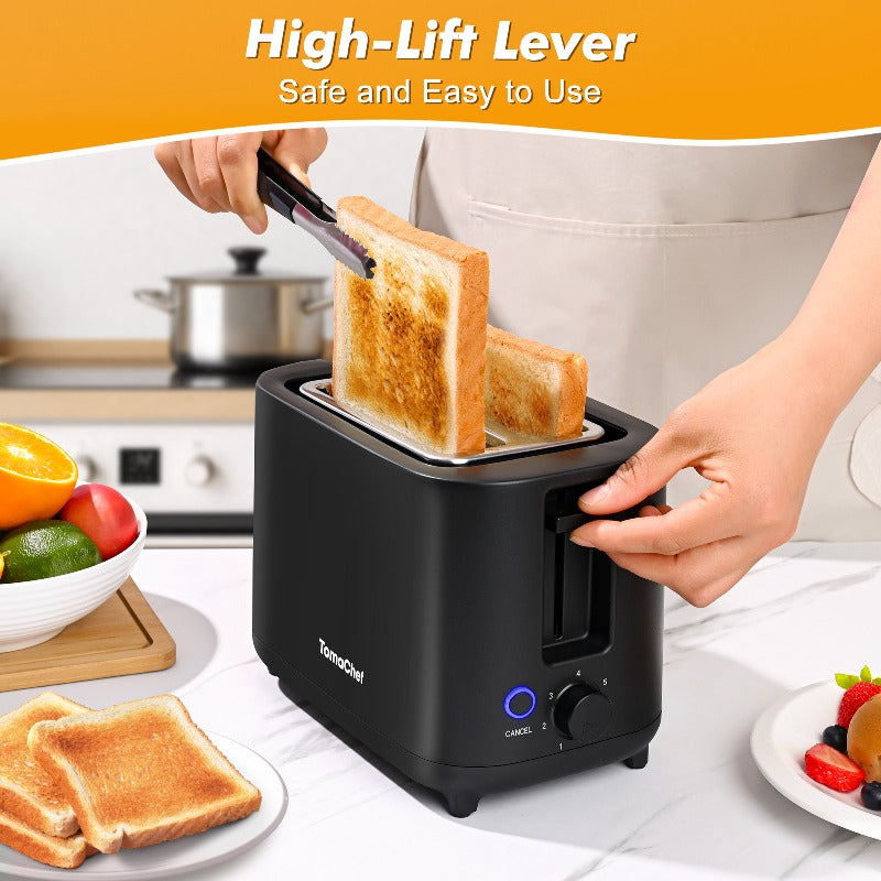Compact 2 Slice Toaster by TomaChef, 700W with 7 Browning Settings and Removable Crumb Tray for Bread, Bagels and Waffles, Pitch-Black or Off-White