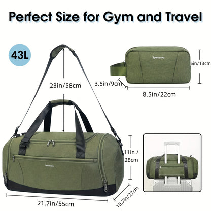 Travel Duffel Bag with Shoe Compartment and Wet Pocket, Adjustable Shoulder Strap and Bottle Holders for Men and Women, Gym and Weekend Trip Carry