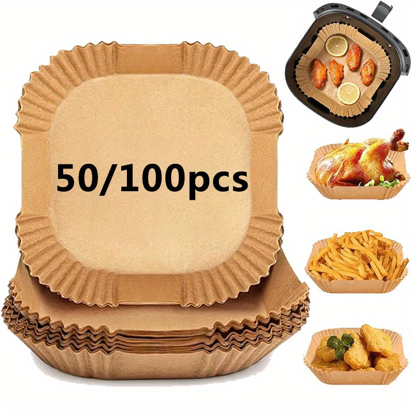 Square Air Fryer Paper Liners, 8-Inch Unbleached Disposable Baking Pads with Nonstick and Ruffled Edge Design, 50 100 or 200 Pieces for Home Cooking Prep