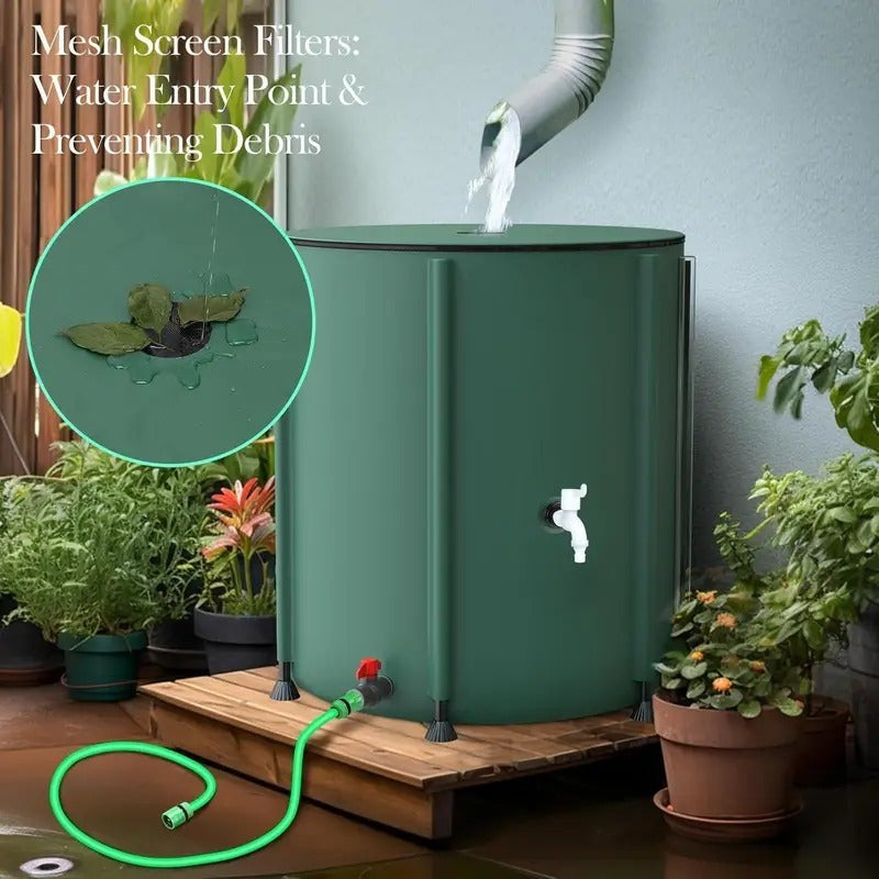 Rain Barrel Water Collection Tank with Multiple Listed Capacities, Plastic Garden Water Storage Container in Black or Green for Backyard Watering and Lawn Care