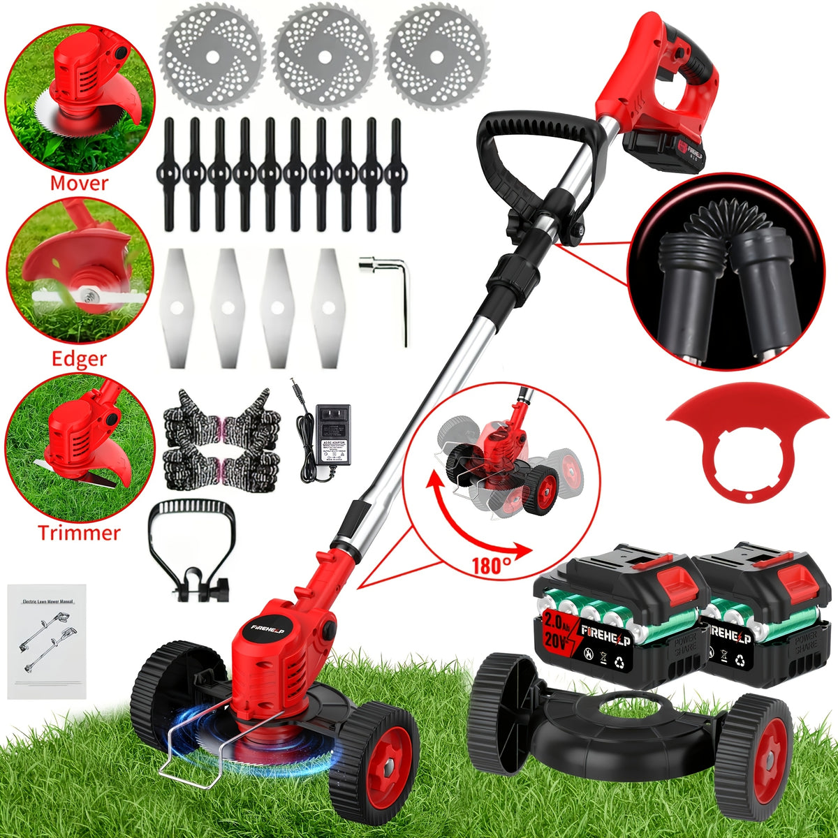 Rechargeable Garden Grass Trimmer with Cordless Electric Operation, Listed Three Blade Types and Selected Dual 2Ah Battery Packages for Home Lawn and Yard Care