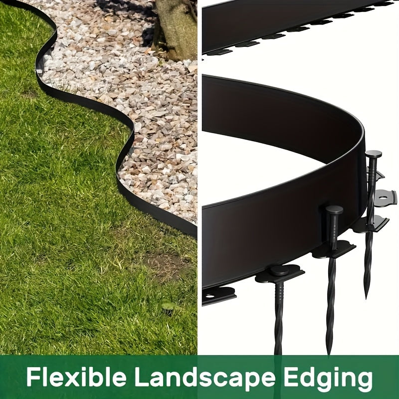 No-Dig Landscape Edging Kit, Flexible HDPE Garden Border with Anchoring Spikes for Flower Beds, Lawn and Pathways, Black or Green with Optional Hammer