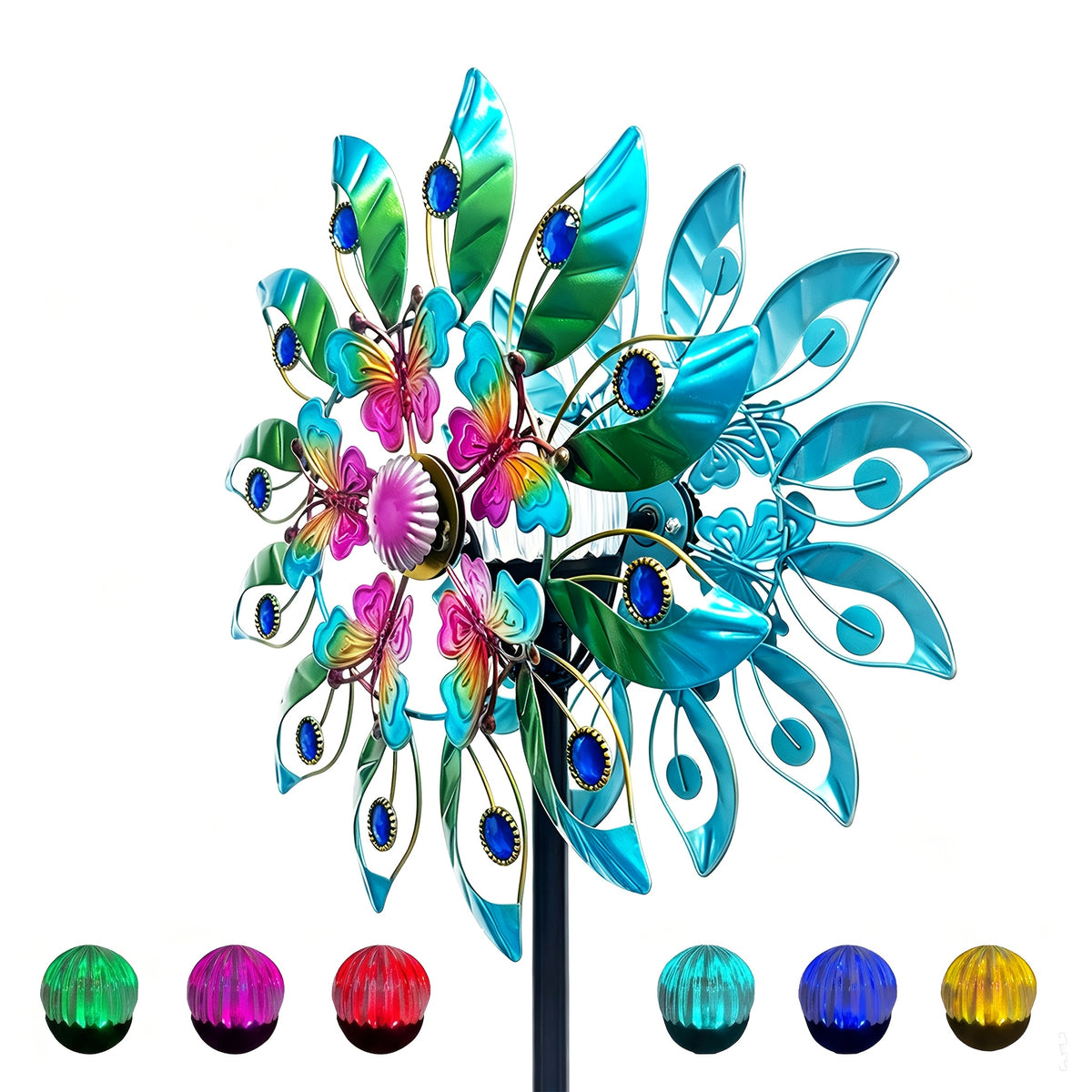 Garden Wind Spinner with Solar Multicolor LED Light, Metal Pinwheel Yard Decor with Listed 72-Inch Size and Red, Bronze, Blue or Butterfly Design Options