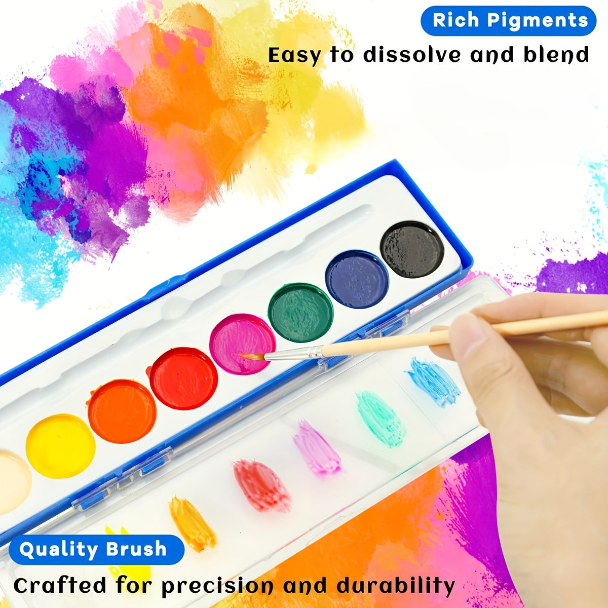 Bulk Watercolor Paint Set with Eight Listed Colors and Paintbrushes, 24pcs, 36pcs or 48pcs Options for Group Art Lessons, Painting Parties and Creative Favors