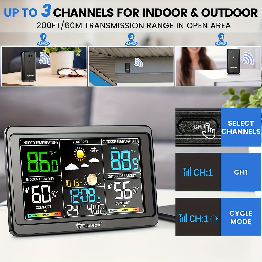 Geevon Color Display Weather Station with Listed 7.6-Inch LCD, Indoor Outdoor Temperature and Humidity, Barometer, Alarm Clock and Adjustable Backlight, Black