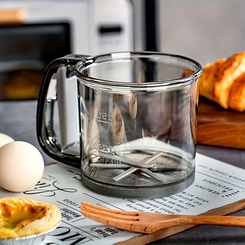 Flour Sifter with Transparent Grey Body and Handle, One-Piece Semi-Automatic Baking Sieve for Preparing Dry Flour for Homemade Cakes and Pastries