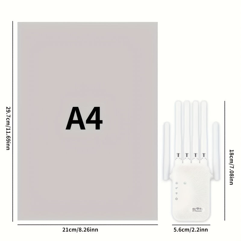 Six-Antenna WiFi Range Extender with Ethernet Port, White Wireless Signal Repeater for Home and Office Network Coverage and Everyday Internet Use