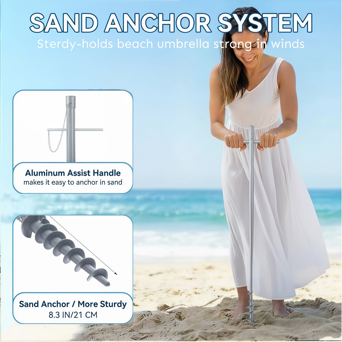 7ft Beach Umbrella with Sand Anchor and Tilt Adjustment, Vented Oxford Cloth Canopy with Fiberglass Ribs in Solid Blue, Baby Blue Stripes or Dark Blue Stripes