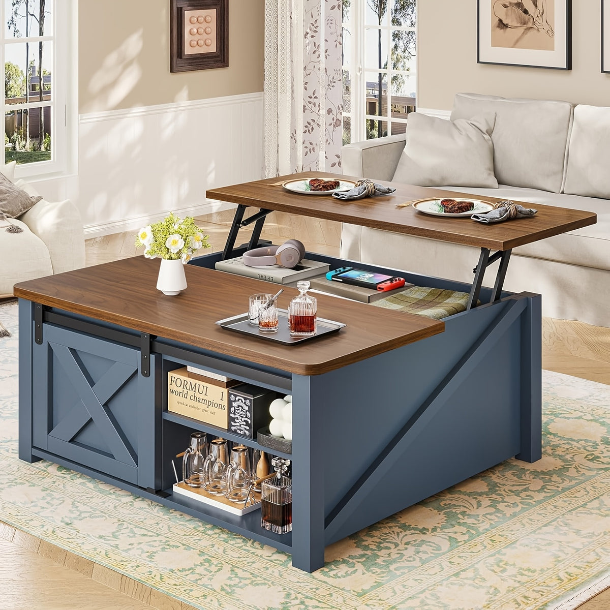 Lift Top Coffee Table with Storage, 31.5-Inch Square Farmhouse Design with Sliding Barn Door, Gas Strut Lift and Adjustable Shelves for Living Rooms