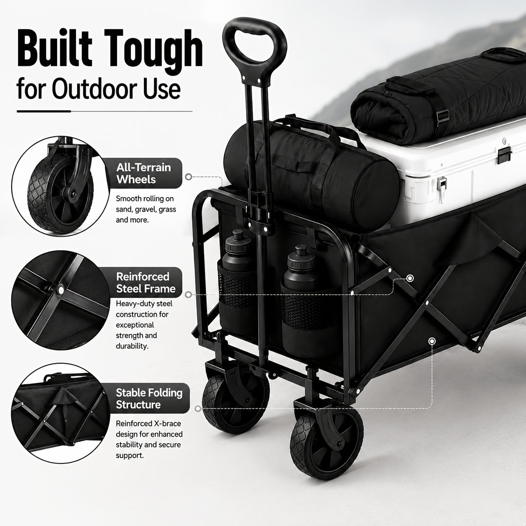Small Folding Wagon in Black with 50LBS Model Label, Collapsible Utility Cart and Adjustable Pull Handle for Grocery, Garden Supply and Camping Gear Transport