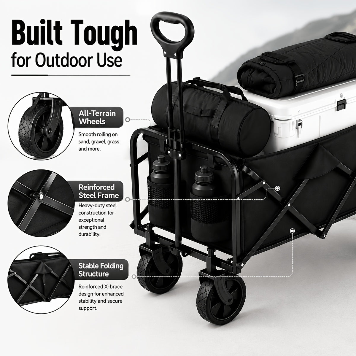 Small Folding Wagon in Black with 50LBS Model Label, Collapsible Utility Cart and Adjustable Pull Handle for Grocery, Garden Supply and Camping Gear Transport