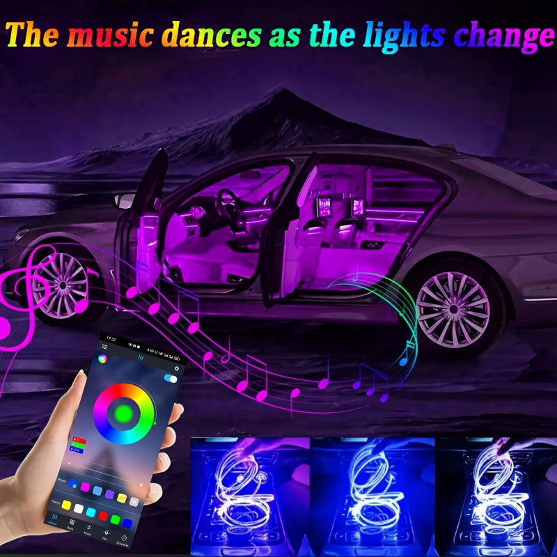Fiber-Optic Car Ambient Light Strips with RGB LED Color and Listed 5V USB Power, Music-Synchronized 1A1 Interior Decoration for Compatible Dashboard and Console Areas