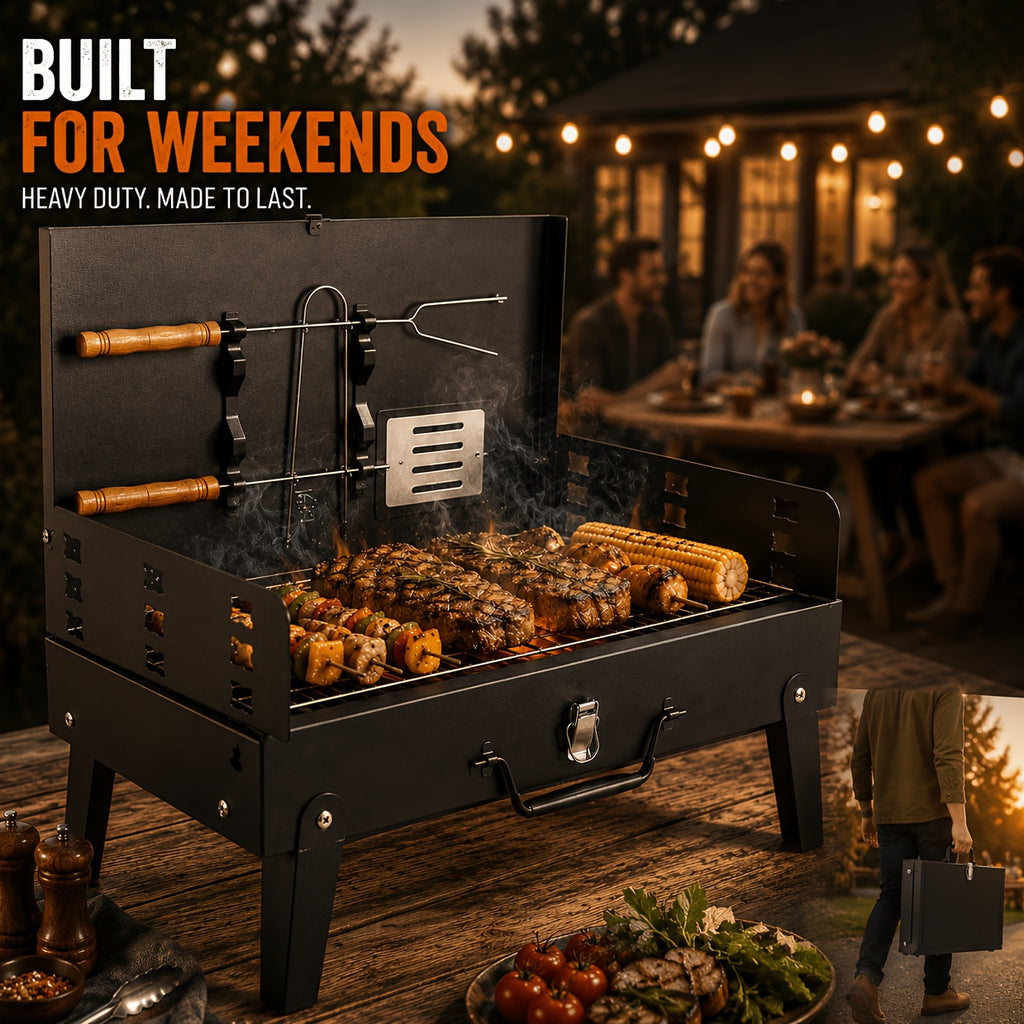 Collapsible Charcoal Grill with Windshield and BBQ Accessories, Small Folding Outdoor Barbecue for Camping, Picnic Meals and Backyard Weekend Cookouts