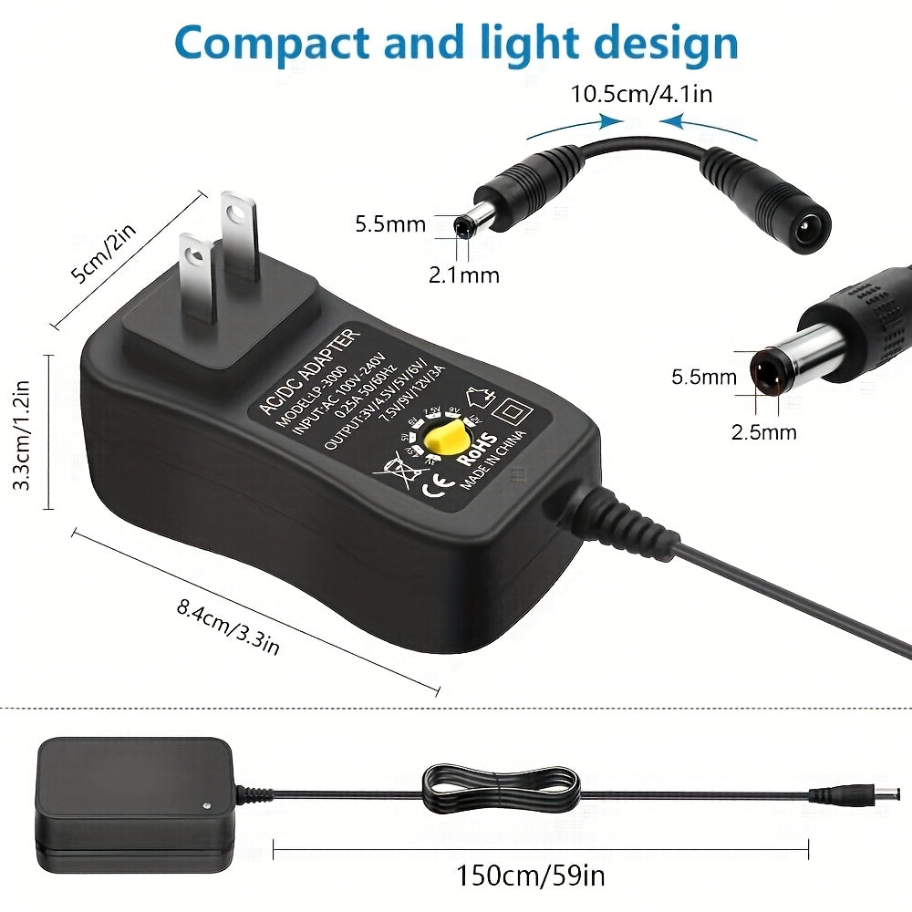 36W Universal AC/DC Power Adapter Adjustable 3V-12V Power Supply with 14 Interchangeable Tips, Polarity Converter, Over-Current Protection for Household Appliances, LED Strips, Routers, Cameras, 3D Printers and Electronics