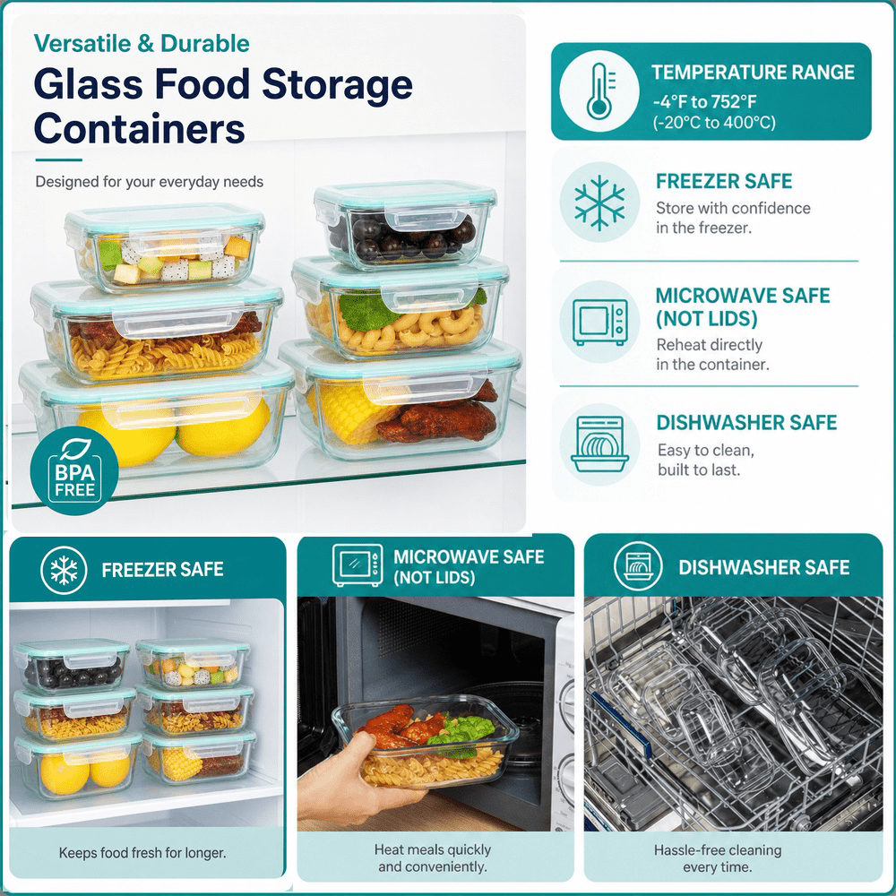 Green Glass Food Storage Containers with Locking Lids and Removable Silicone Seals, 16-Piece or 24-Piece Sets for Meal Prep, Lunches and Leftovers