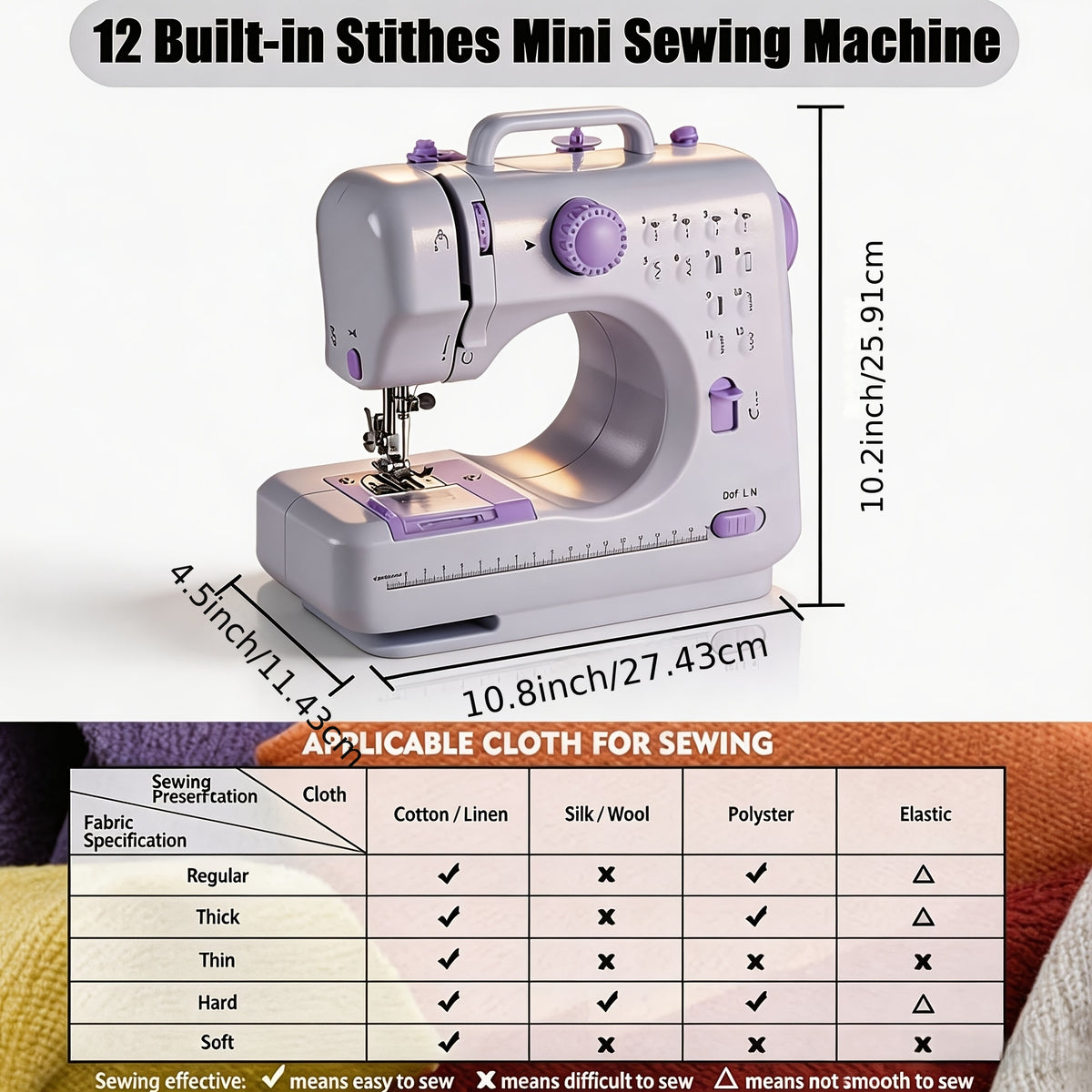 Electric Home Sewing Machine in Light Purple with Listed 12 Stitch Settings, Reverse Sewing, Thread Winding, Tension Dial and Sewing Light for DIY Fabric Projects