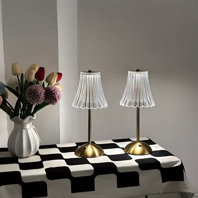 Retro Mini Table Lamp Set of 2 in Golden Finish, USB Rechargeable 12-Inch LED Lights with Three-Color Touch Control, Non-Dimmable Dining Decor