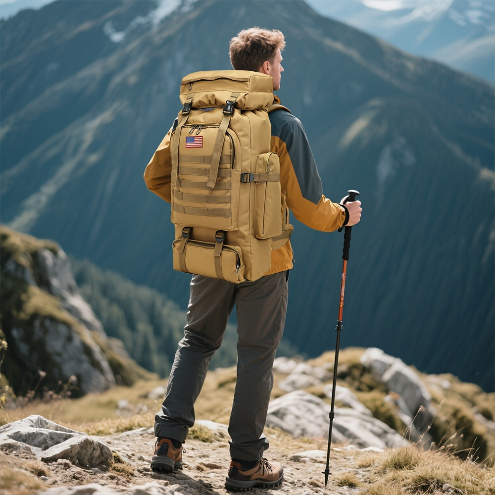 Men's Outdoor Travel Backpack with Double-Shoulder Carry and Removable Flag Patch Reference, Gray, Desert, Khaki or Black-3 Options for Everyday Trip Packing
