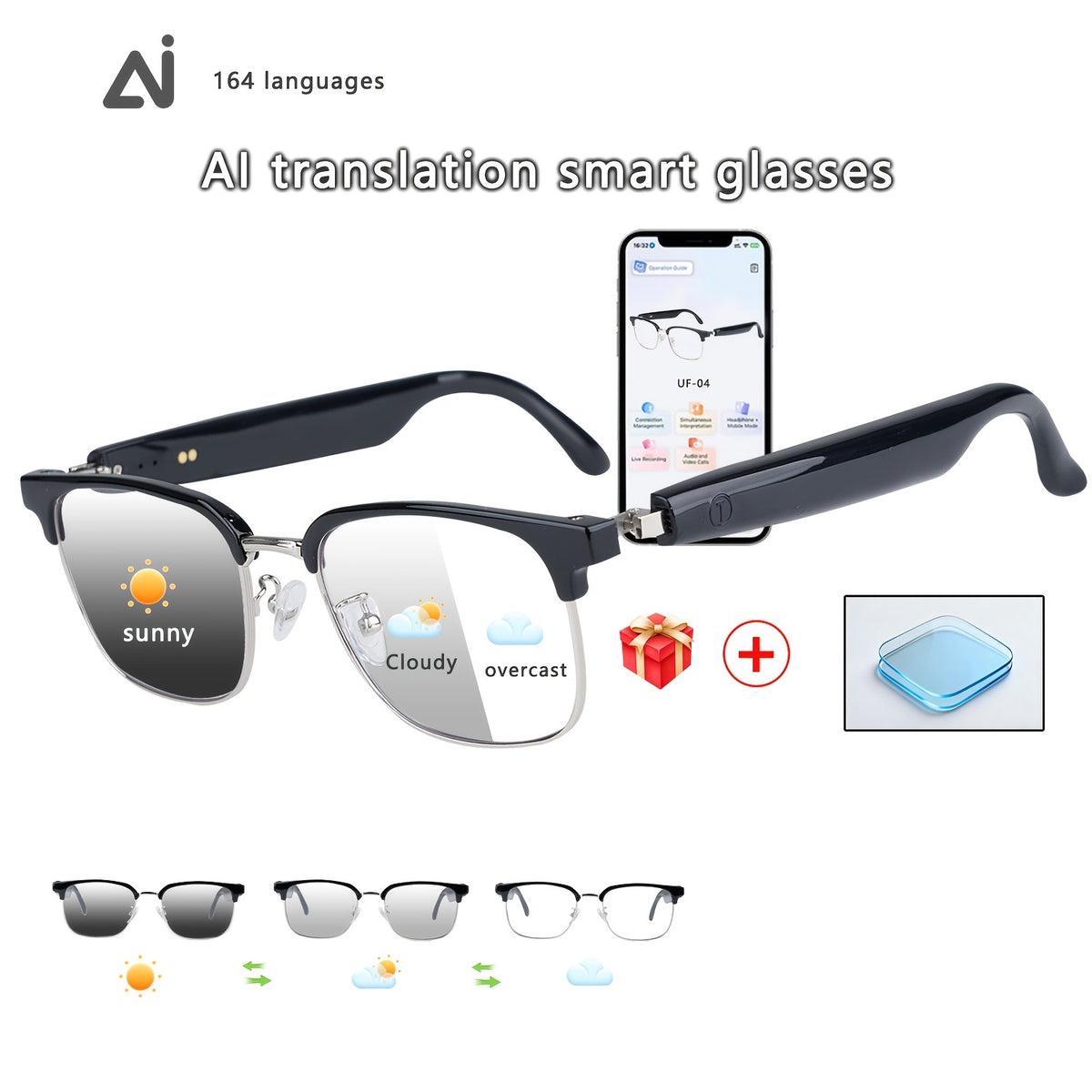 160 Language Translation Smart Glasses, AI Audio Glasses with ChatGPT, HD Calls & HiFi Music, Built-in Mic & Speaker, Photochromic Lenses, Real-Time Translator Eyewear for Travel, Meetings, Men & Women