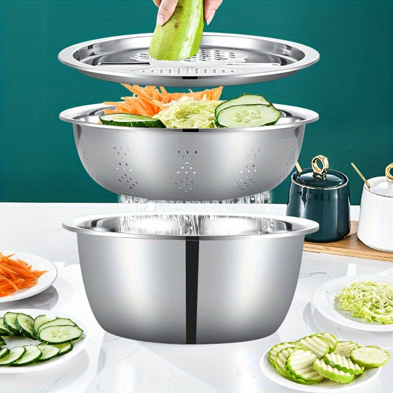 Kitchen Strainer Bowl Set, 3-Piece Stainless Steel Mixing Bowl, Filter and Grinder Kit in Silvery Finish for Rinsing Produce and Everyday Food Preparation