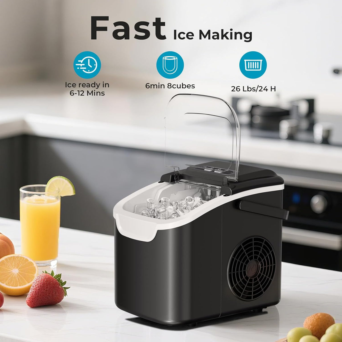 Bullet Ice Maker Countertop, 26 Lbs/24H Portable Ice Maker Machine, Self-Cleaning, Chewable Bullet Ice, One-Touch Operation, Stainless Steel Ice Maker for Kitchen, Office, and Home Bar Use