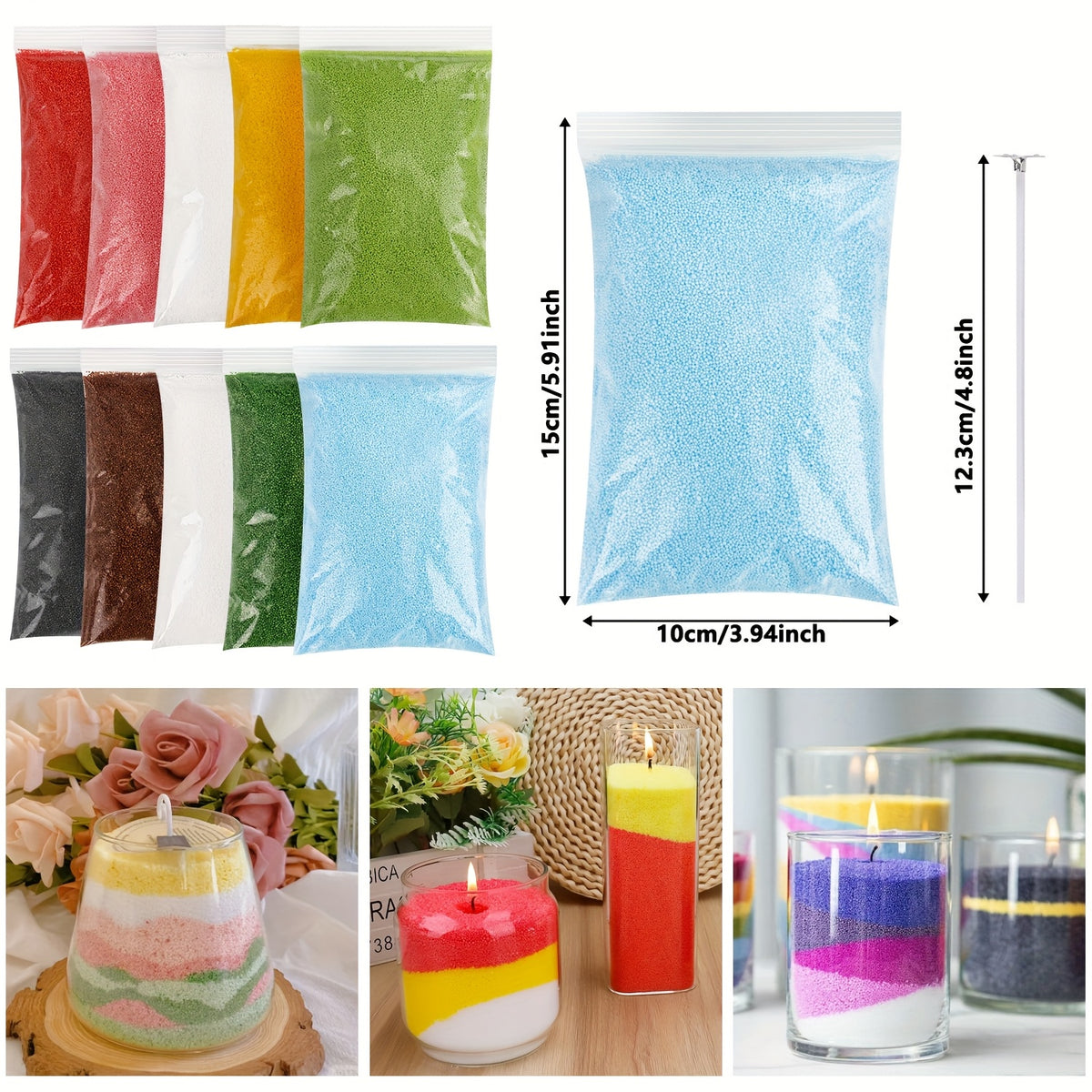 Sand Wax Candle Making Kit by BlingFun with Five Colors, 500g Total Granulated Wax and 20 Wicks for Adult Decorative Candle Crafts, Bright Color or Dark Options