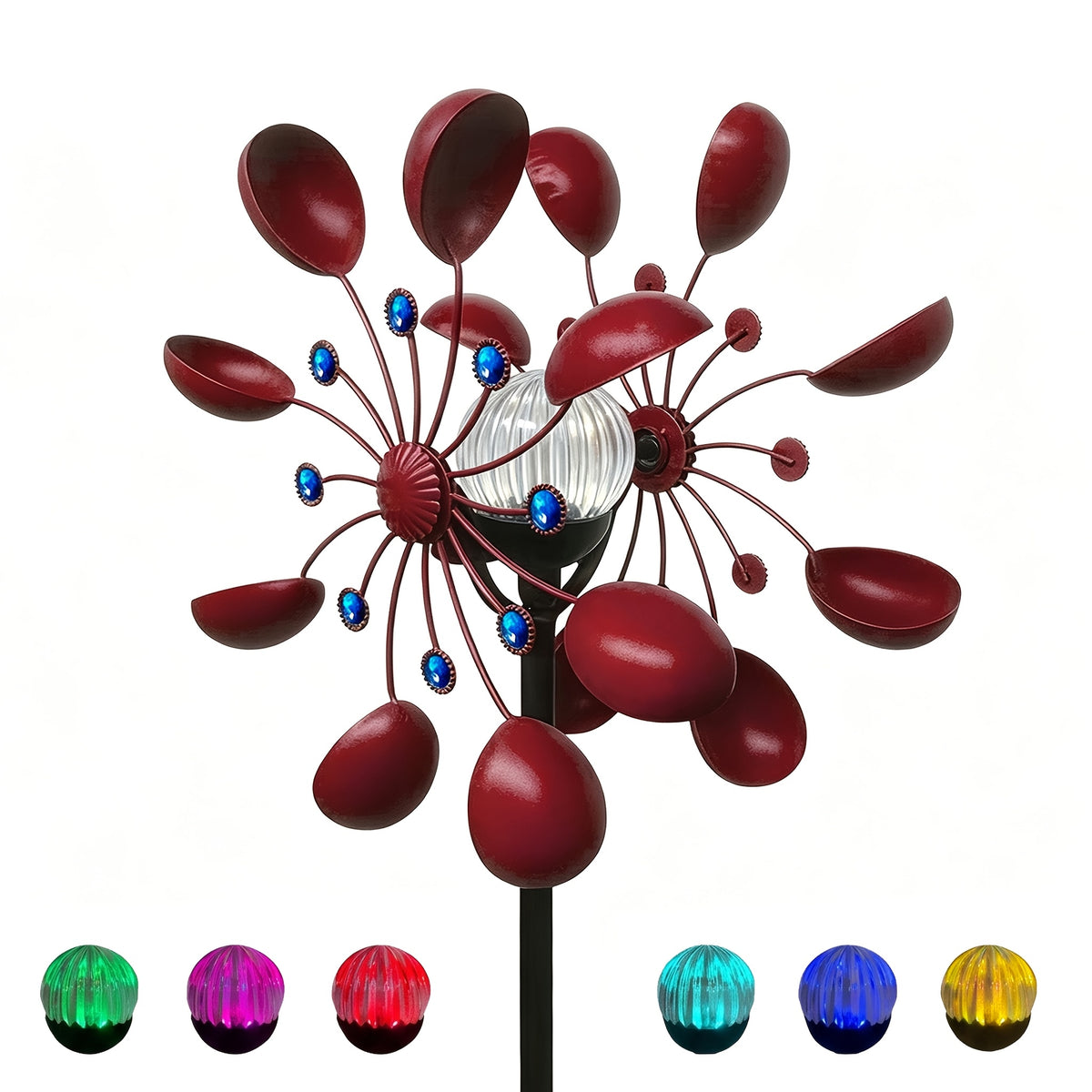 Garden Wind Spinner with Solar Multicolor LED Light, Metal Pinwheel Yard Decor with Listed 72-Inch Size and Red, Bronze, Blue or Butterfly Design Options