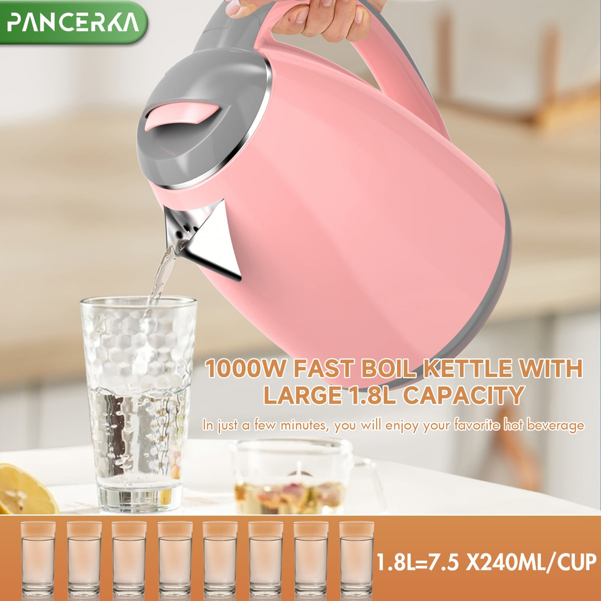 Pink or White Electric Tea Kettle by PANCERKA with Listed 1.8-Liter Capacity, Stainless Steel Material and Automatic Shutoff for Countertop Hot-Water Preparation