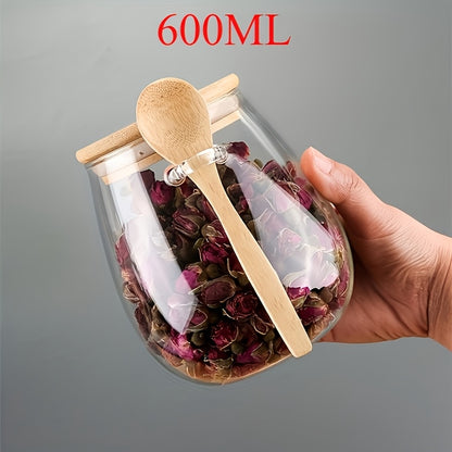 Glass Storage Jar with Spoon, Single Sealed Kitchen Canister in 350ml, 600ml or 1000ml Options for Coffee, Sugar, Tea, Salt, Candy and Spice Organization