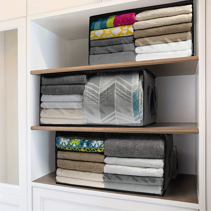 Windowed Clothes Storage Bags, Three-Piece Gray Foldable Organizer Set with Carry Handles for Suitable Blankets, Bedding, Pillows and Closet or Dorm Room Storage