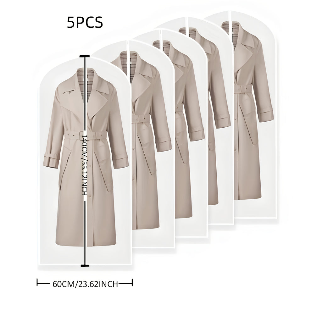 Clear PEVA Garment Bags with Full Zippers, Five-Piece 24 x 55 Inch Clothing Cover Set for Suitable Jackets, Suits and Wardrobe Organization or Travel Storage